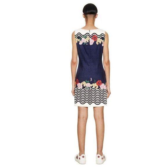 Desigual Prudencia Sheath Dress US 10 Linen Blend Sleeveless Navy Floral Waves - Picture 4 of 12